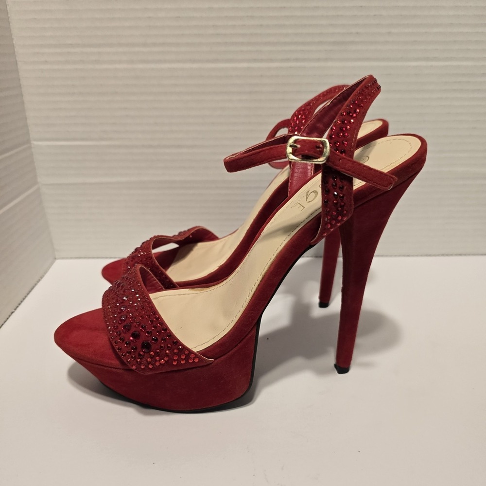 Rouge Helium Red Rhinestone Platform Sandals Stiletto High Heels Womens Size 8 - Picture 3 of 7